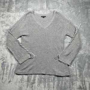 American Eagle Outfitters Grey Knit V Neck Sweater Lace Up Sleeves Womens Medium